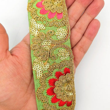 Green Art Silk Trim With Intricate Floral Embroidery With Sequins, Lace Trim, Indian Lace Trim